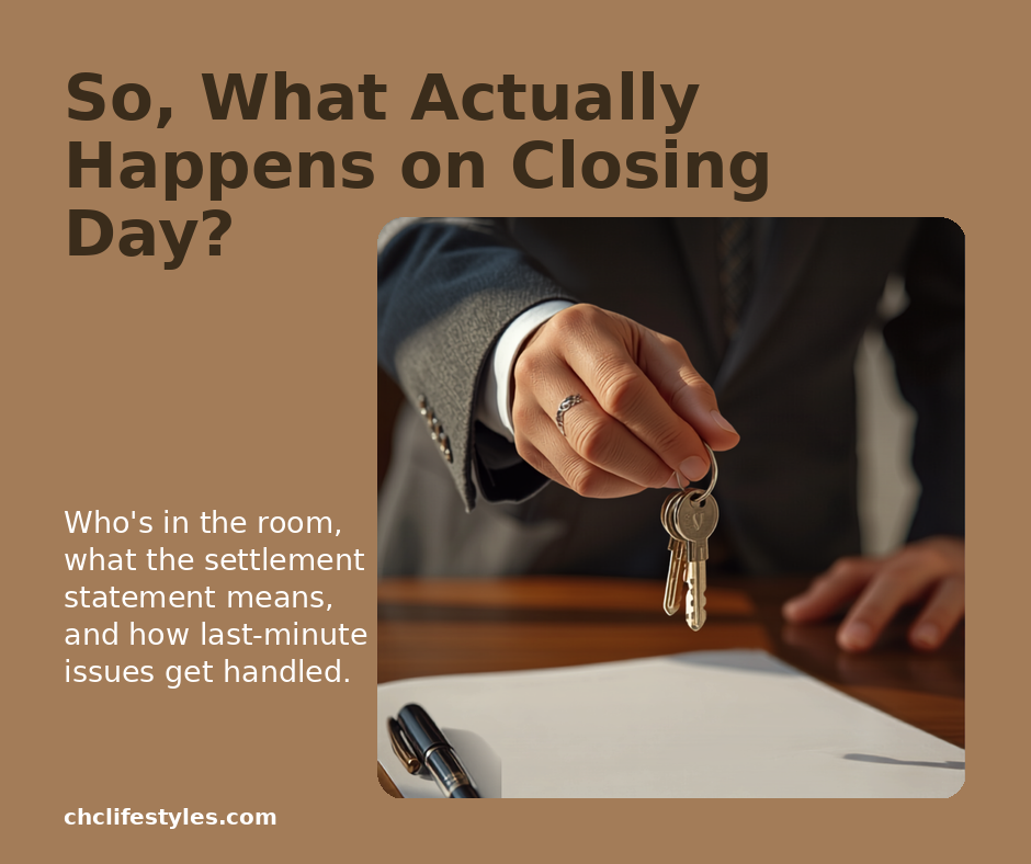 Real estate closing handoff of house keys over a signed settlement document