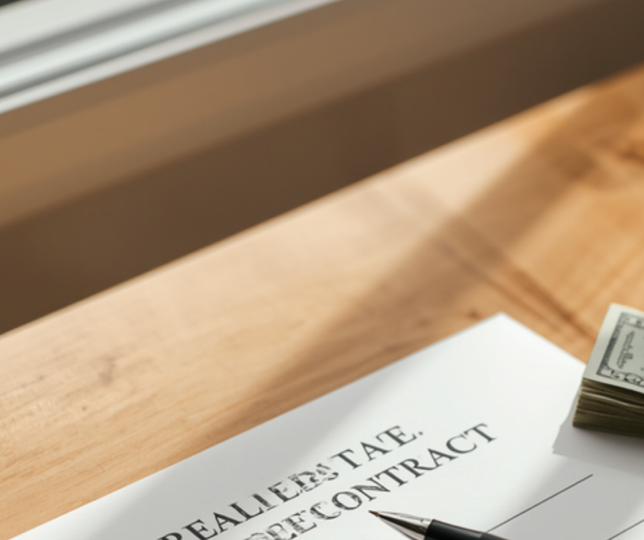 Close-up of a Virginia real estate purchase contract on a wood desk with a pen and cash, illustrating an earnest money deposit