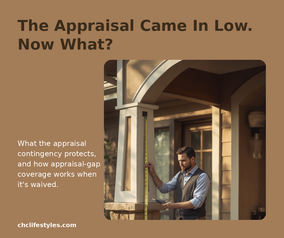 A professional measuring a home's exterior porch column during a valuation review