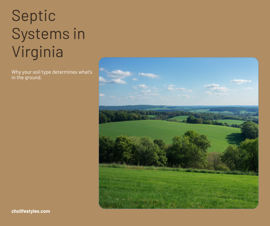 Septic system drainfield diagram over varied Virginia terrain